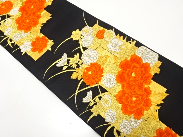 JAPANESE KIMONO / ANTIQUE FUKURO OBI / SILK / WOVEN PEONY